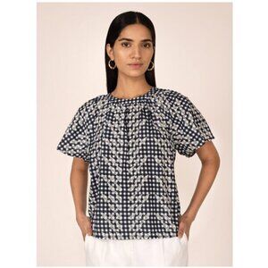 NEW BANJANAN Rada Top Embroidered Wheat Cotton Gingham Navy Blue White Women's M